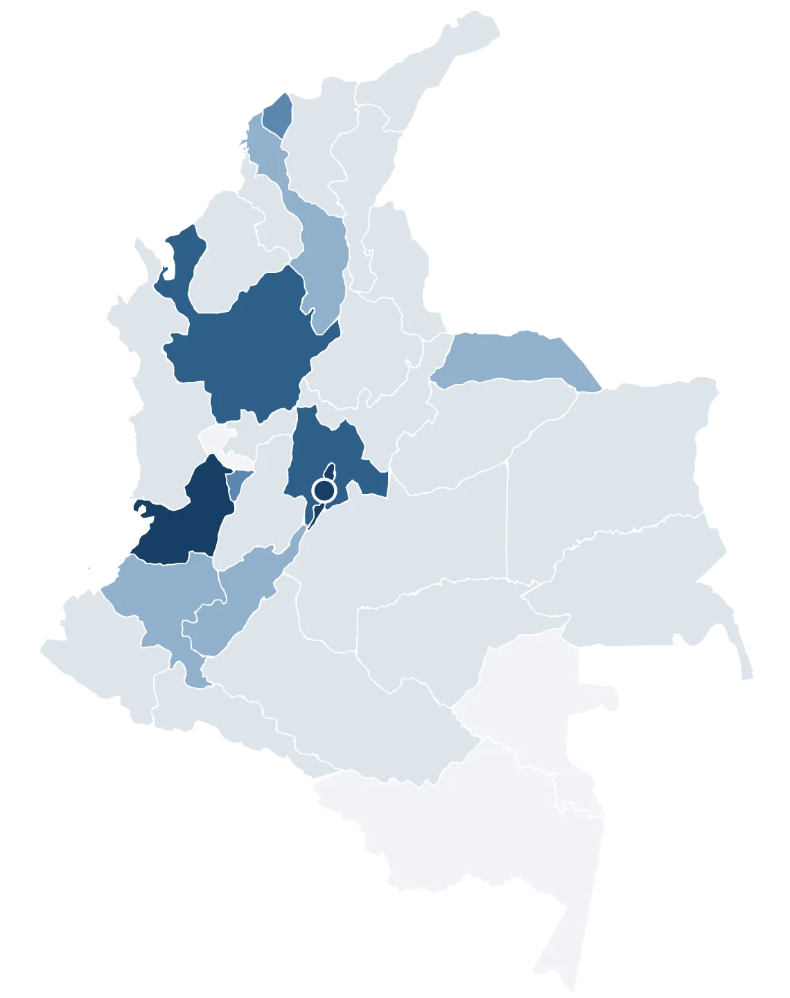 Mapa de Colombia con los 10 departamentos donde operan las empresas de la cohorte resaltados en azul